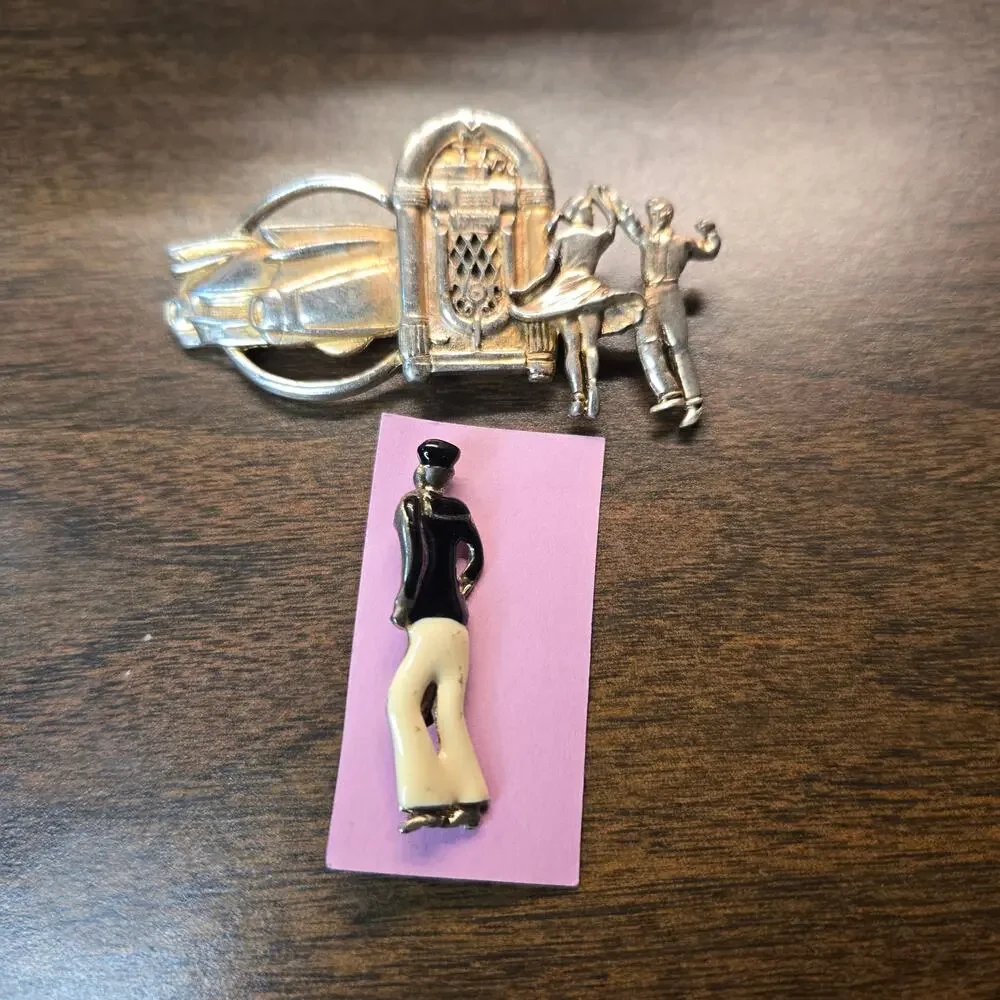 Vintage SilverTone Pin Lot 1950s Jukebox Cadillac Sock Hop & Navy Sailor Man